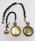 TWO GILT-METAL HUNTING CASED POCKET WATCHES WITH GILT-METAL MOUNTED WOVEN HAIR ALBERTS, LATE 19TH CE