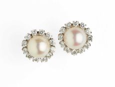 PAIR OF CULTURED PEARL AND DIAMOND EAR CLIPS