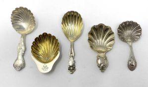 FIVE VICTORIAN SILVER CADDY SPOONS