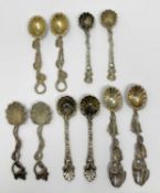 FIVE PAIRS OF VICTORIAN NATURALISTIC SILVER SALT SPOONS, VARIOUS MAKERS, LONDON OR BIRMINGHAM, 1852-