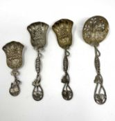 TWO VICTORIAN SILVER SUGAR SPOONS, A SIFTER SPOON AND A CADDY SPOON, HILLIARD & THOMASON, BIRMINGHAM