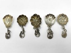 A GROUP OF FIVE VICTORIAN SILVER CADDY SPOONS, HILLIARD & THOMASON, BIRMINGHAM, 1855-77