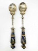 A PAIR OF VICTORIAN SILVER AND STONEWARE SALAD SERVERS, 1877