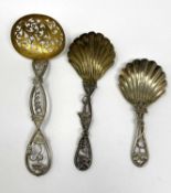 VICTORIAN SILVER CADDY, SUGAR AND SIFTER SPOONS, GEORGE UNITE, BIRMINGHAM, 1854/56/59