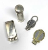 A VICTORIAN SILVER TRAVELLING SHAVING BRUSH, INKWELL AND TWO GROOMING MIRRORS