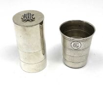 A VICTORIAN SILVER TRAVELLING CONDIMENT CYLINDER AND A COLLAPSIBLE BEAKER, WRIGHT & DAVIES, LONDON, 