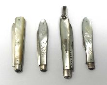 FOUR VICTORIAN SILVER AND MOTHER-OF-PEARL FOLDING IMPLEMENTS