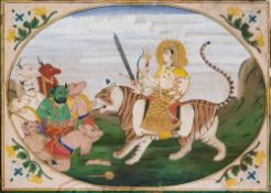 DEVI (DURGA) SEATED ON A TIGER FIGHTING DEMONS, PROBABLY JAIPUR, NORTH INDIA, 19TH CENTURY