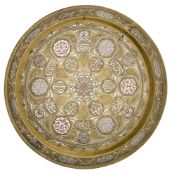 A SILVER AND COPPER INLAID ENGRAVED BRASS TRAY, EGYPT, CIRCA 1900