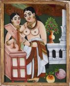 A REVERSE GLASS PAINTING OF A MAIDEN WITH HER COMPANION, TANJORE (THANJAVUR), CIRCA 1900
