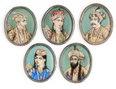 FIVE OVAL MINIATURES ON IVORY DEPICTING MUGHAL FIGURES, SECOND HALF 19TH CENTURY, INDIA