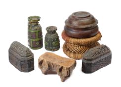 A GROUP OF WOOD OBJECTS, MOSTLY HIMALAYAN, EARLY 20TH CENTURY