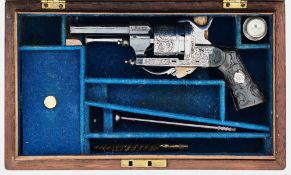 A CASED LIEGE LEFAUCHEUX PATENT PIN-FIRE DOUBLE-ACTION SIX-SHOT POCKET REVOLVER, NO. 74,