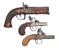 A CONTINENTAL 22-BORE PERCUSSION TRAVELLING PISTOL, AND TWO 50-BORE FLINTLOCK