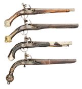 FOUR VARIOUS OTTOMAN FLINTLOCK PISTOLS, MOSTLY 19TH CENTURY