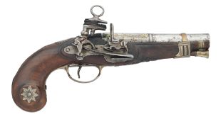 A SPANISH 32 BORE MIQUELET-LOCK SILVER-MOUNTED PISTOL, 19TH CENTURY