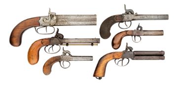 SIX VARIOUS PERCUSSION BOX-LOCK PISTOLS, MOSTLY CONTINENTAL, 19TH CENTURY