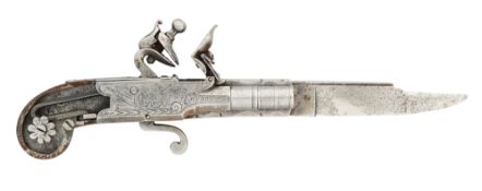 A DECORATIVE COMBINED FLINTLOCK PISTOL AND POCKET KNIFE IN LIEGE LATE 18TH CENTURY STYLE