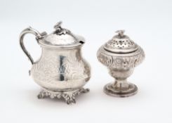 A VICTORIAN SILVER MUSTARD POT AND A VICTORIAN SILVER PEPPERETTE, 1839 / 52 RESPECTIVELY