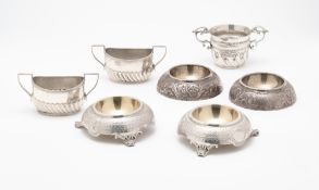 THREE PAIRS OF VICTORIAN SILVER SALT CELLARS, ALL SHEFFIELD