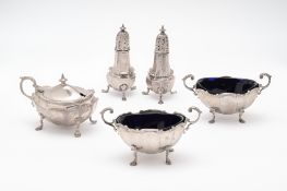 A GEORGE V SILVER FIVE-PIECE CONDIMENT SET, HENRY MATTHEWS, BIRMINGHAM, 1919 / 22
