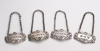 A SET OF FOUR GEORGE IV SILVER CONDIMENT LABELS, JOHN REILLY, LONDON, 1824