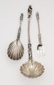 A SET OF TWELVE VICTORIAN SILVER SMALL PASTRY OR TEA FORKS, A CADDY SPOON AND A SIFTER SPOON, LONDON