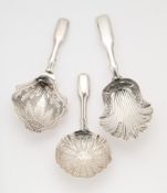 THREE VICTORIAN SILVER CADDY SPOONS, HILLIARD & THOMASON, BIRMINGHAM, 1859 / 65 / 79