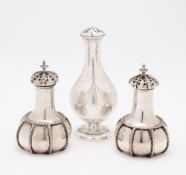A PAIR OF VICTORIAN SILVER PEPPERETTES AND A FURTHER PEPPERETTES, ALL C.T. & G. FOX, LONDON, 1858 / 
