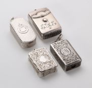FOUR SMALL VICTORIAN SILVER VESTA CASES, VARIOUS MAKERS, 1857-82
