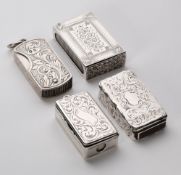 FOUR VICTORIAN SILVER VESTA CASES, VARIOUS MAKERS, BIRMINGHAM, 1853-82