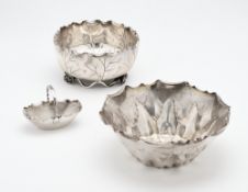 THREE PIECES OF VICTORIAN SILVER IN THE MANNER OF CHRISTOPHER DRESSER, ALL HUKIN & HEATH, LONDON, 18