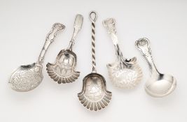 FIVE GEORGIAN SILVER CADDY SPOONS, BIRMINGHAM, 1817-34