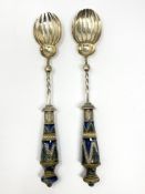 A PAIR OF VICTORIAN SILVER AND STONEWARE SALAD SERVERS, 1877
