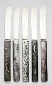 A MATCHED SET OF FIVE KOZUKA HANDLED KNIVES, JAPANESE, EARLY 20TH CENTURY