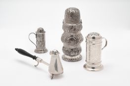 FOUR VICTORIAN SILVER CASTERS OR PEPPERETTES