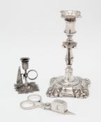 A VICTORIAN SILVER TAPERSTICK, MAKER'S MARK J.B, LONDON, 1889