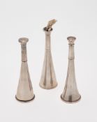A VICTORIAN SILVER NOVELTY 'TRUMPET' CIGAR LIGHTER AND A PAIR OF PEPPERETTES, JOSEPH BRAHAM, LONDON,