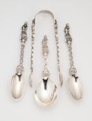A SET OF TWELVE VICTORIAN SILVER TEASPOONS, A PAIR OF SUGAR TONGS AND A CADDY SPOON, FRANCIS HIGGINS