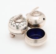 A VICTORIAN NOVELTY SILVER 'CURLING' CONDIMENT SET, FENTON BROTHERS, SHEFFIELD,1882