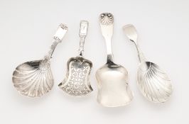 FOUR VICTORIAN SILVER CADDY SPOONS, EDINBURGH, BIRMINGHAM AND LONDON, 1842-78