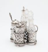 A VICTORIAN SILVER SMALL CRUET SET, C.T. & G. FOX, LONDON, 1859