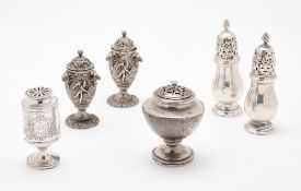 SIX ASSORTED SILVER PEPPERETTES, ALL LONDON, 1834-75