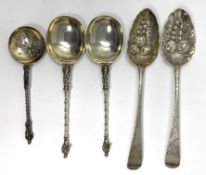 A GROUP OF FIVE ENGLISH SILVER DECORATIVE SPOONS