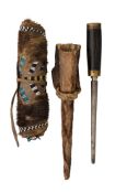 A BEADED NORTH AMERICAN NATIVE BEAVER PELT POUCH, AND A BLADE SHARPENING STEEL, 19TH CENTURY