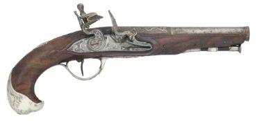 A FRENCH 28 BORE FLINTLOCK SILVER-MOUNTED PISTOL BY SOUICHE LE CADET,