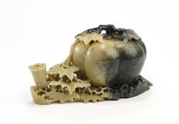 A CHINESE CARVED AND PIERCED SOAPSTONE 'PUMPKIN' BOX AND COVER, 20TH CENTURY