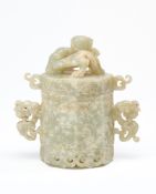 A CHINESE ARCHAISTIC GREEN JADE BOX AND COVER