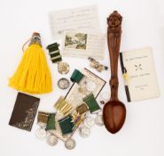 NINE ARCHERY MEDALS, A WOODEN SPOON, AND FURTHER ARCHERY MEMORABILIA, 19TH/20TH CENTURY