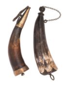A COPPER ALLOY-MOUNTED POWDER HORN, EARLY 19TH CENTURY AND ANOTHER POWDER HORN